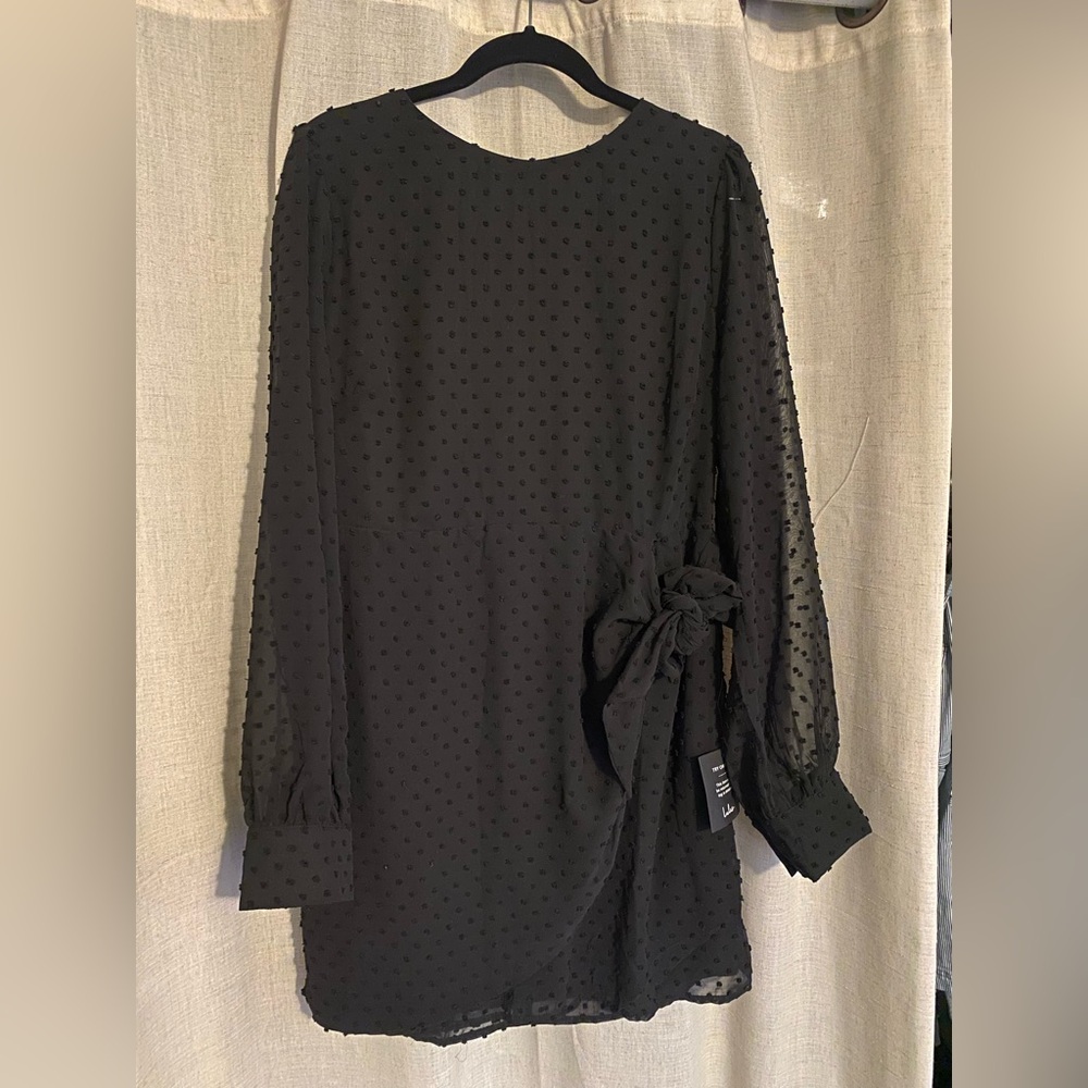 Lulu's Much Love Black Swiss Dot Long Sleeve Tie-Front Mini Dress L